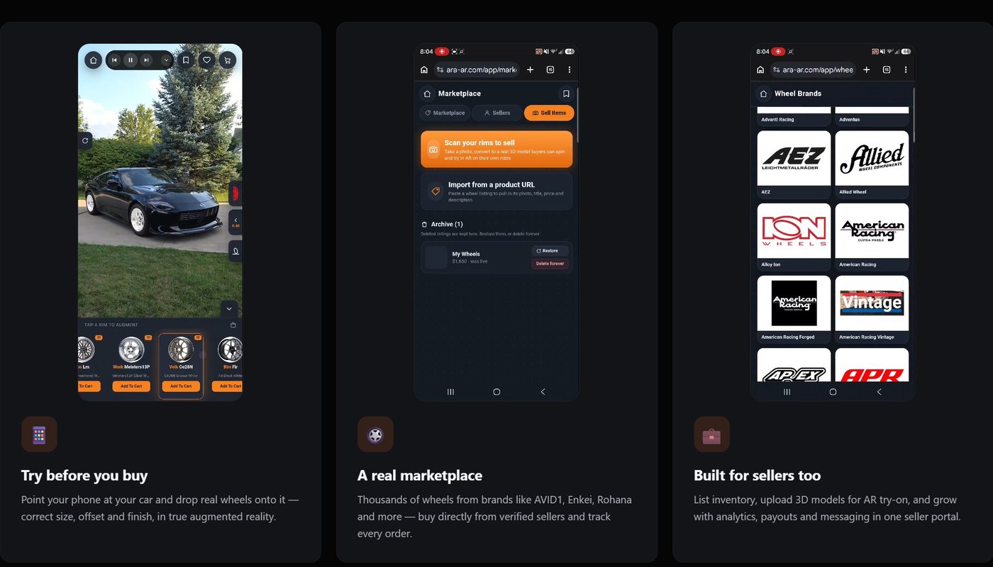 ARA app screens: AR try-on, marketplace and wheel brands